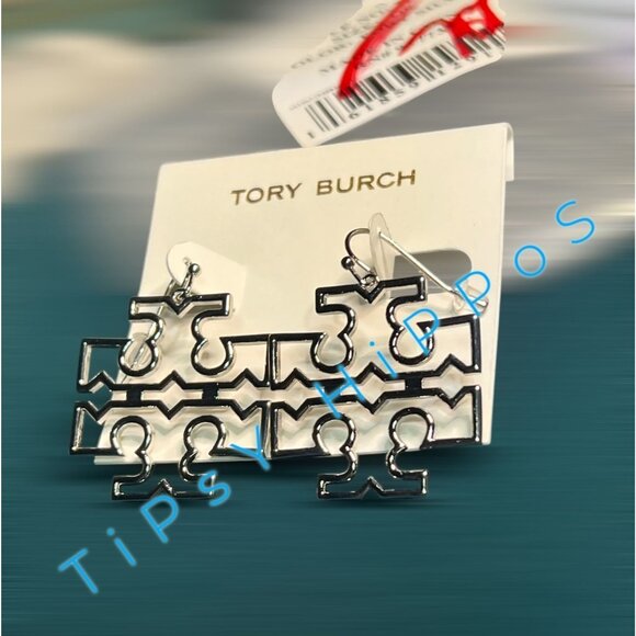 Beautiful Authentic Tory Burch Silver Britten Logo Drop Hoop Earrings - Picture 6 of 6